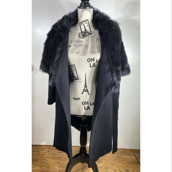 Fleurette Women's Black Oversize Dyed Fox Fur-collar Wool Wrap Coat O/S - Picture 3 of 9